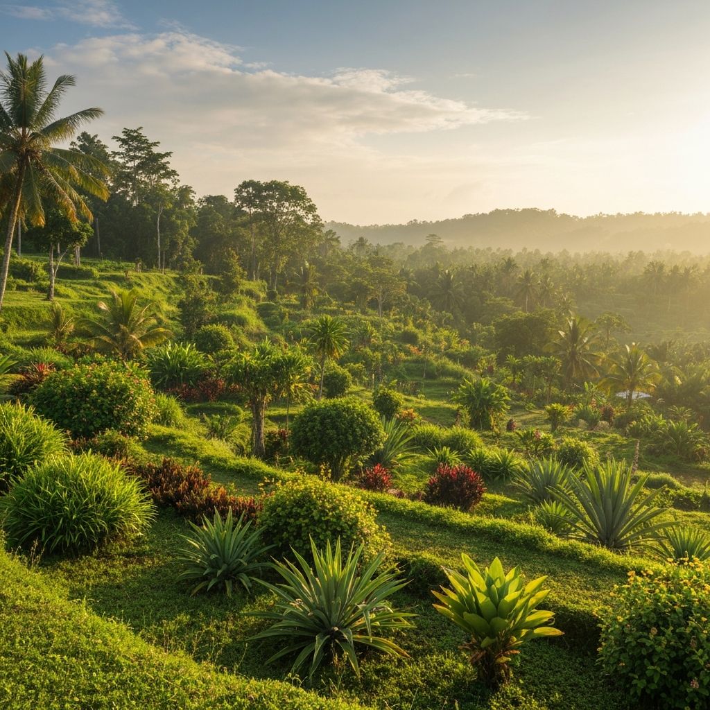 Lush tropical island landscape with native plants and vegetation